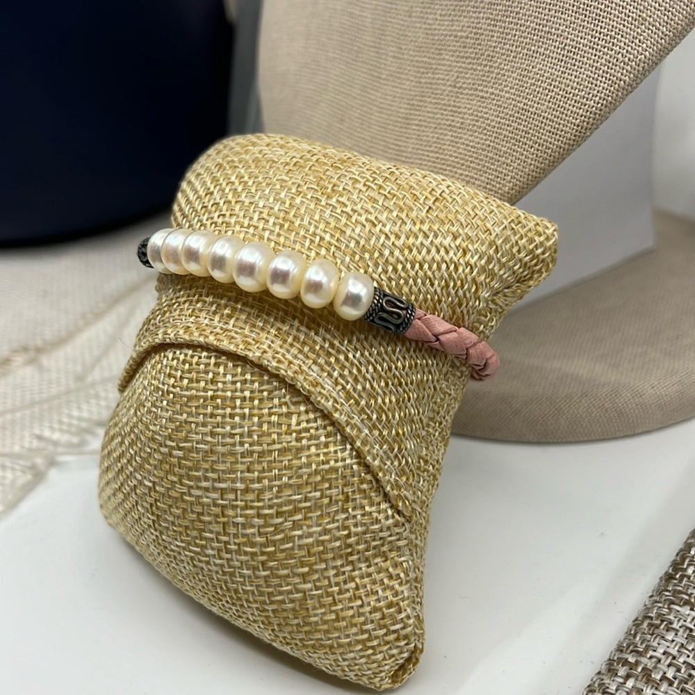 🌸 Vintage Honora Pink Leather & Pearl Bracelet - 7.25" Lobster Clasp - Picture 1 of 9